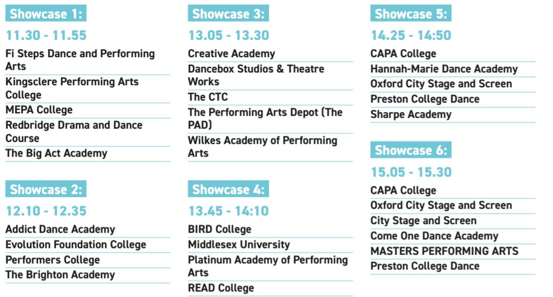 Showcase theatre Sunday timetable